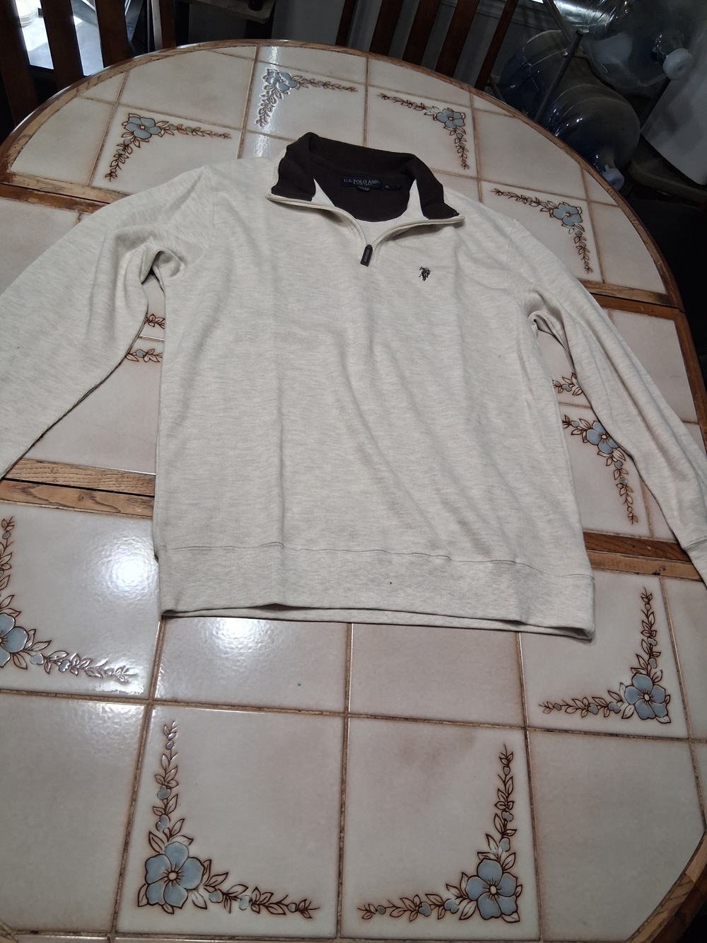 U.S. Polo Assn. Cream Quarter-Zip Pullover with Dark Brown Collar